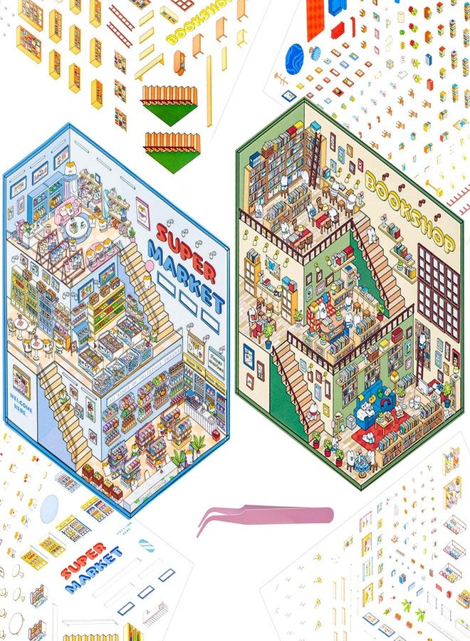 HOMICO 2 Sets Large 3D Sticker Scene 3D House Stickers with Tweezers Make Your Own Supermarket and Bookstore DIY Stickers - Image 1